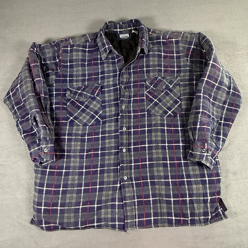 Shacket Men XL Quilted Flannel Blue Plaid Shirt Workwear Premier‎ International